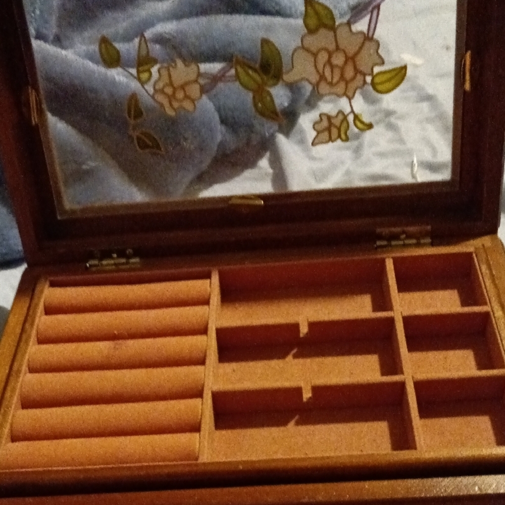 Wooden Jewelry Box with Floral Mirror